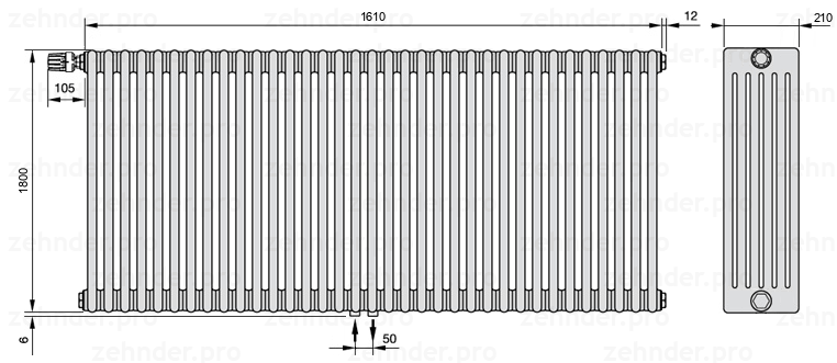 Схема (чертеж) Радиатор Zehnder Charleston 6180/35 №V007 Белый глянцевый RAL 9016